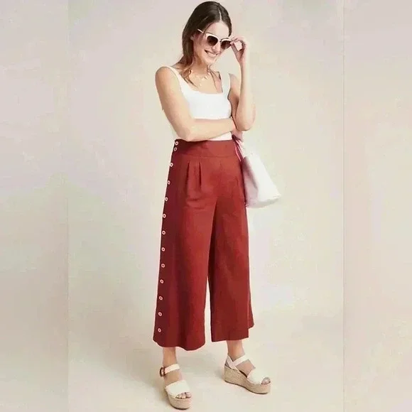 Anthropologie Button Wide-Leg Ankle Pants in Rust Boho Linen Blend 6 Women's - Picture 2 of 11